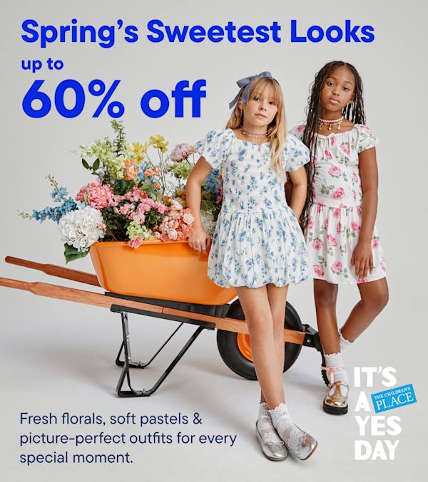 The image features two young women wearing floral dresses and a man in casual attire, all posing in front of a display advertising Spring's Sweetest Looks with up to 60% off.