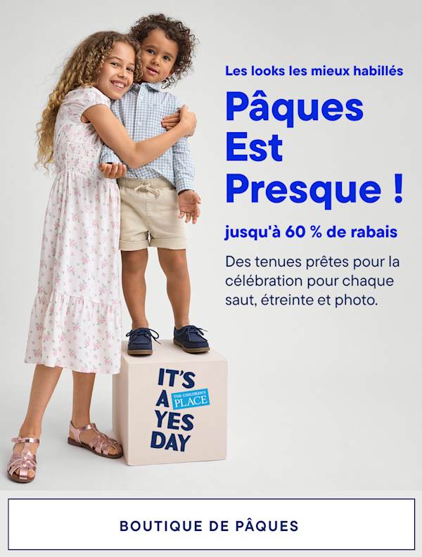 L'image présente une sélection de vêtements et d'accessoires sur le thème de Pâques, notamment un pull, des chaussures et une robe, ainsi qu'une bannière publicitaire annonçant une vente de « tenues élégantes » pour les prochaines fêtes de Pâques.