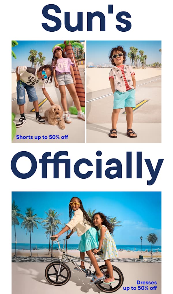 The image features several young women in casual summer attire, posing and interacting in an outdoor setting with palm trees and a beach-like environment in the background. The text "Sun's Officially".