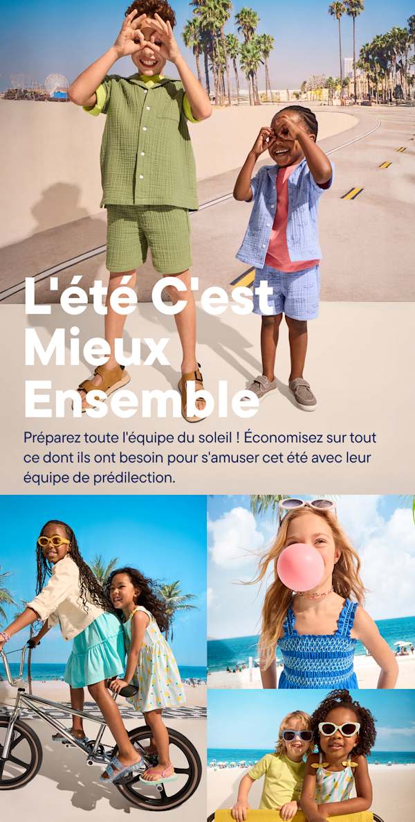 Un collage d'images présentant diverses activités estivales et la mode, avec un texte central qui dit « L'été est meilleur ensemble ».