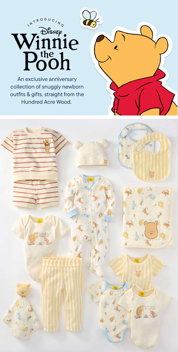 The image displays a collection of Winnie the Pooh-themed merchandise, including clothing, accessories, and a logo for the Disney character. The background appears to be a light, pastel-colored wall, creating a warm and inviting atmosphere.