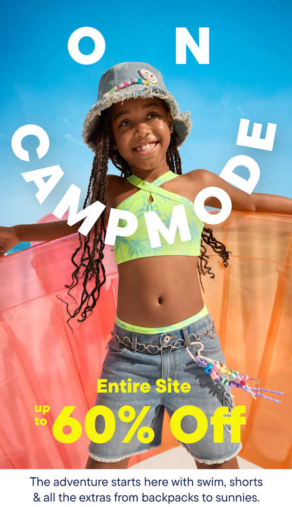 A smiling girl in a bikini and hat poses on a beach with an inflatable raft, while text advertises "Entire Site up to 60% Off."