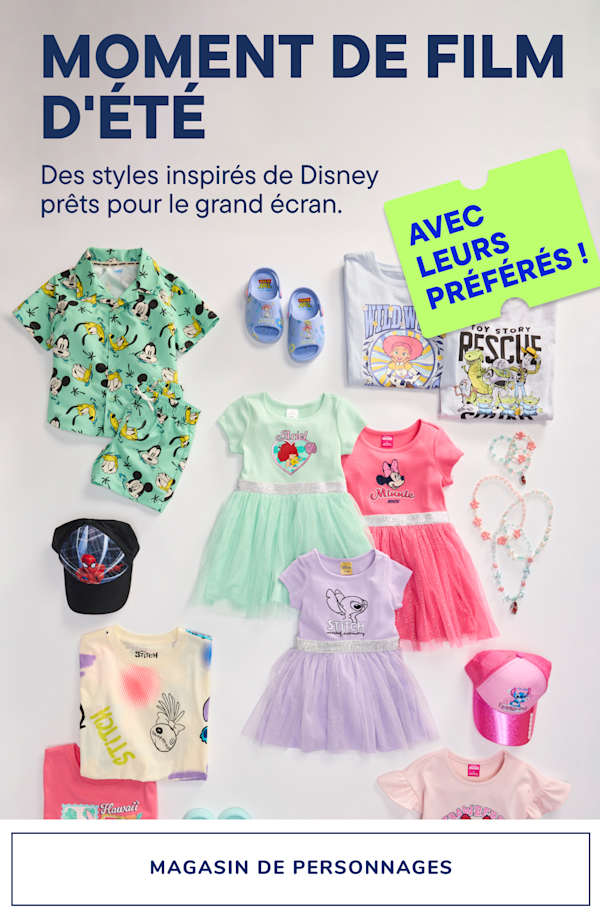 Une bannière publicitaire annonce « Moment cinéma d'été » avec des vêtements et accessoires inspirés de Disney sur un fond violet clair.