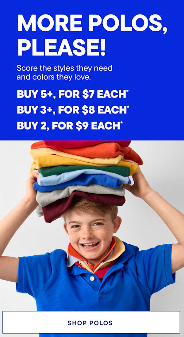 A smiling boy balances a stack of colorful polos on his head in front of a blue background with a promotional message.