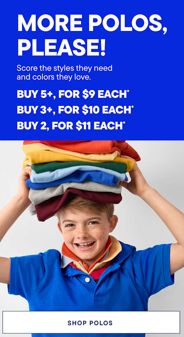 A smiling boy balances a stack of colorful polos on his head in front of a blue background with a promotional message.