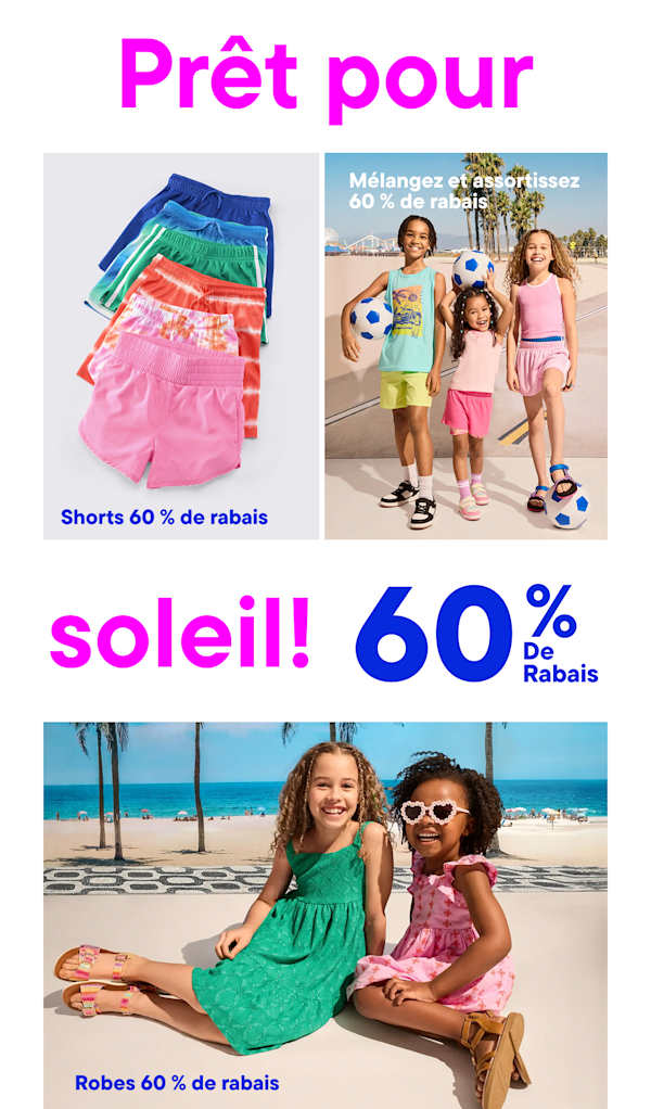 Au premier plan du panneau de gauche, on aperçoit une pile de shorts colorés, tandis qu'au premier plan du panneau de droite, deux jeunes filles souriantes en robes figurent, les deux avec une scène de plage en arrière-plan.