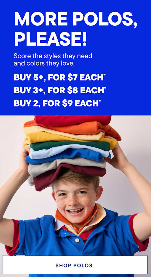A smiling boy balances a stack of colorful polos on his head in front of a blue background with a promotional message.