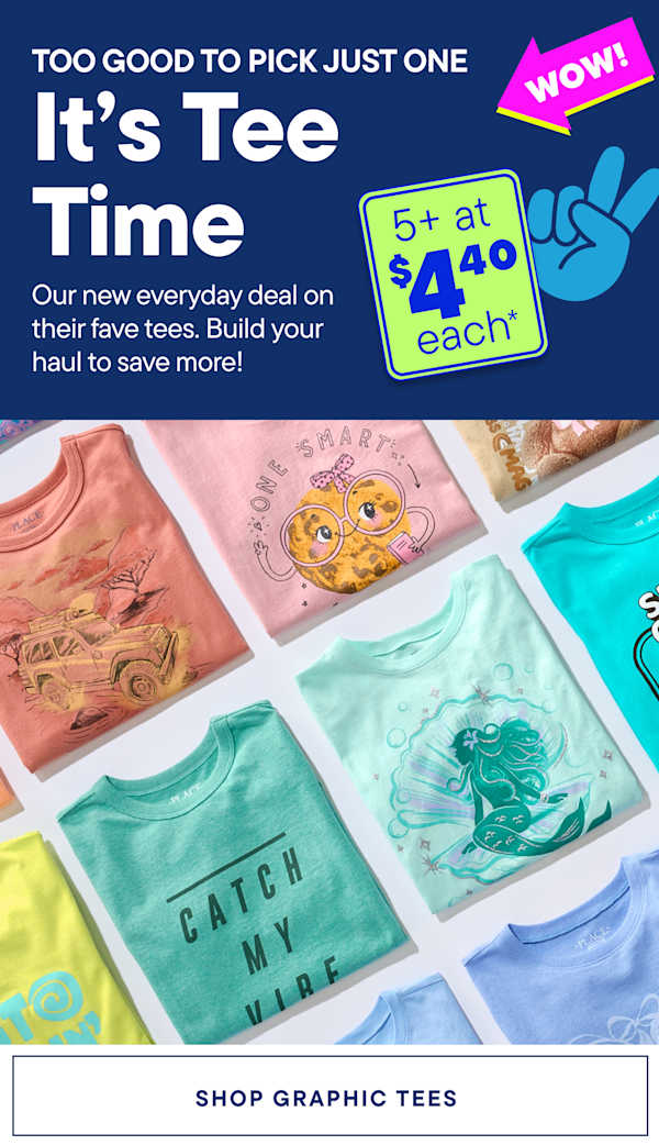 Colorful graphic tees are arranged in a grid in the foreground, while the background features a dark blue banner with promotional text and graphics.