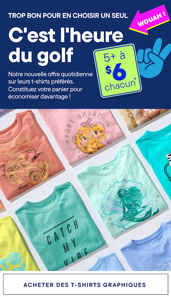 Des t-shirts graphiques colorés sont disposés en grille au premier plan, tandis que l'arrière-plan présente une bannière bleu foncé avec du texte et des graphismes promotionnels.