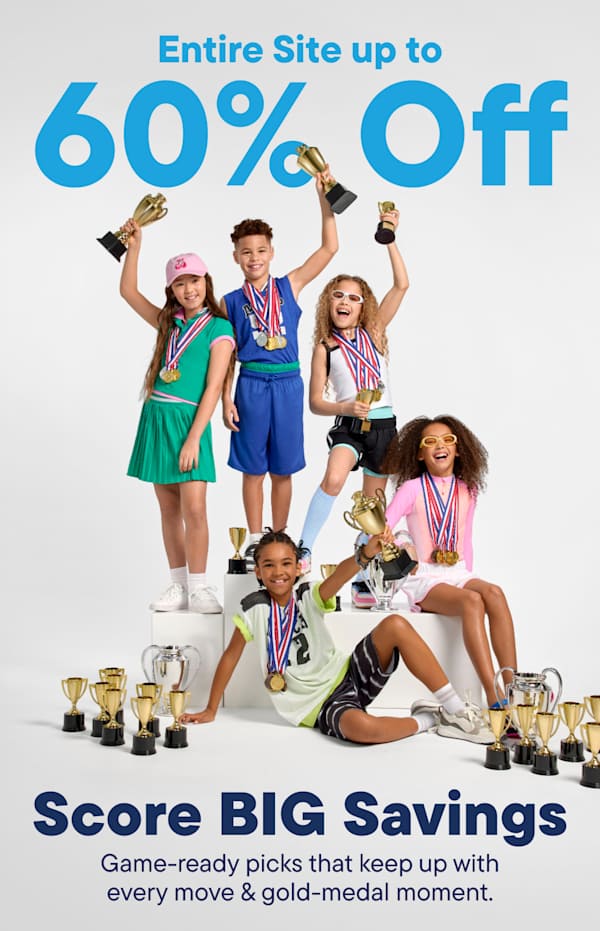 In the foreground, a group of children celebrate with trophies, while the background displays a large "Score BIG Savings" text and a "60% Off" promotion.