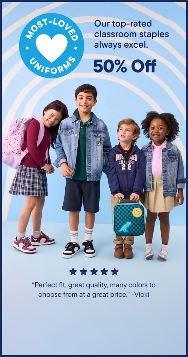 Four children in school uniforms stand in front of a blue and white striped background, with text advertising "Most-Loved Uniforms" and "50% Off."