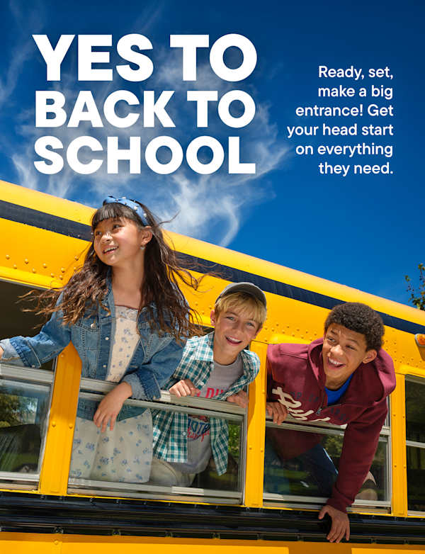 Three smiling children lean out of a yellow school bus window against a bright blue sky, with text overlaying the scene.