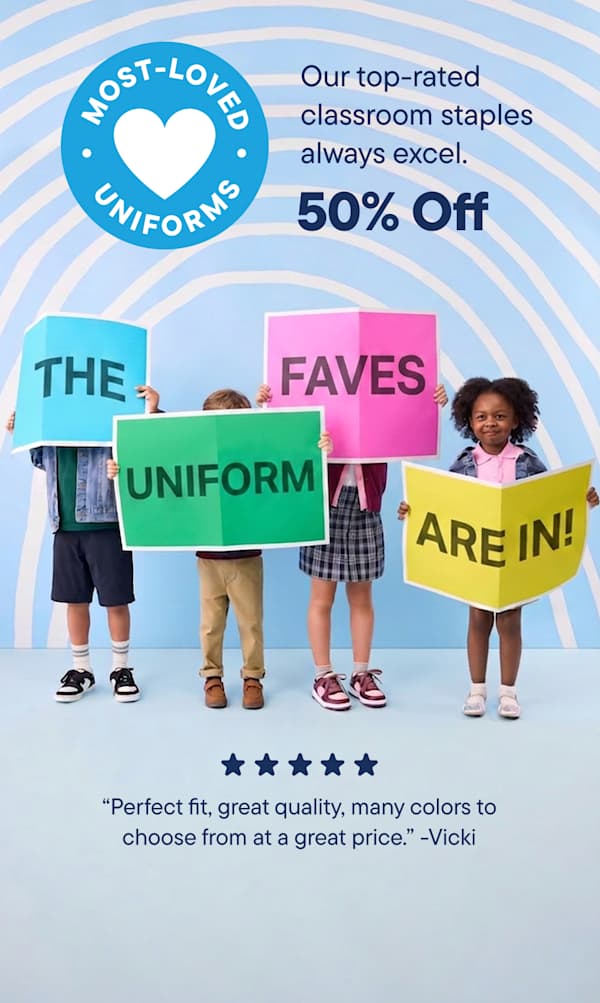 Four children hold up colorful signs that read "THE UNIFORM FAVS ARE IN!" against a light blue wavy background, with a "Most-Loved Uniforms" logo and "50% Off" text on the left.