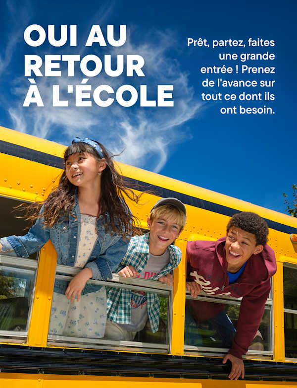 Trois enfants souriants se penchent par la fenêtre d'un bus scolaire jaune sur fond de ciel bleu vif, avec du texte superposé à la scène.