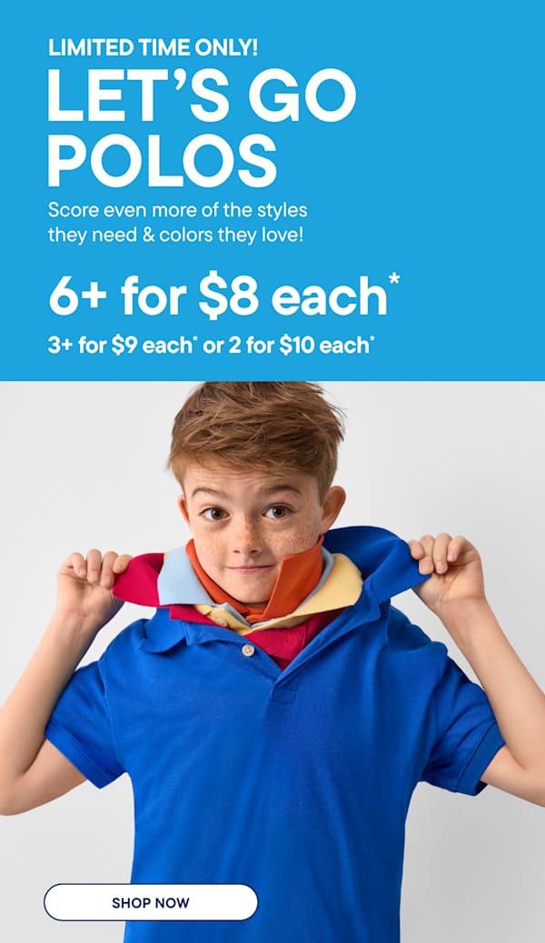 A stack of colorful polos is on the left, while a boy in a blue polo is on the right, with text in the middle advertising a sale.