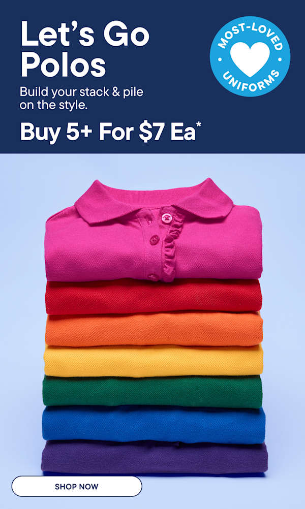 A stack of colorful polo shirts in rainbow order is displayed against a light blue background, with promotional text and a "Shop Now" button at the bottom.