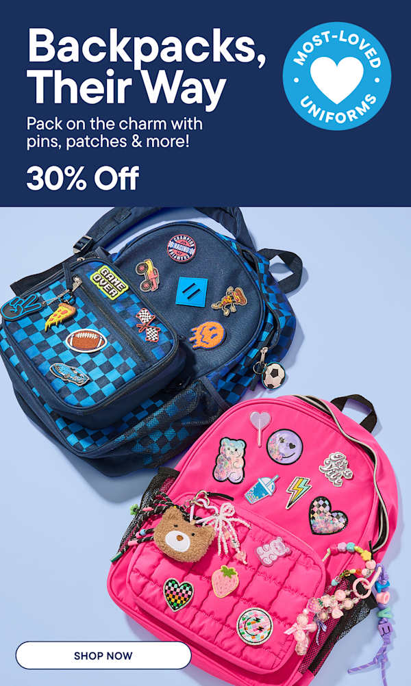 Two backpacks, one blue and one pink, are adorned with colorful pins and patches, set against a light blue background with promotional text.