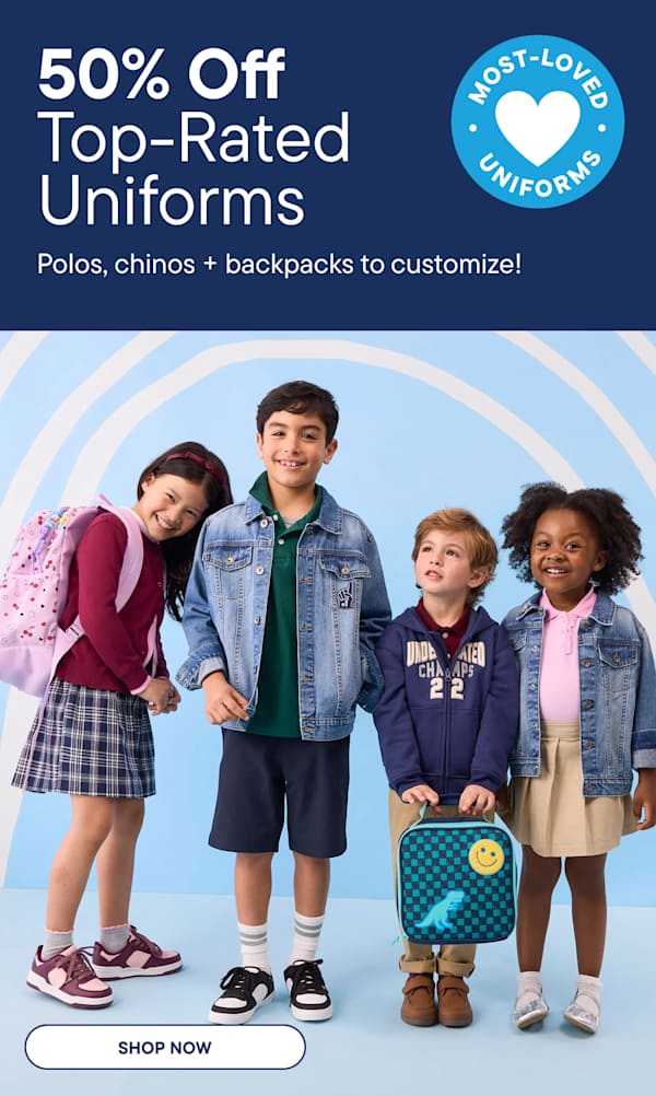 Four smiling children in school uniforms stand against a light blue background with white wavy lines, while text advertises a sale on uniforms.