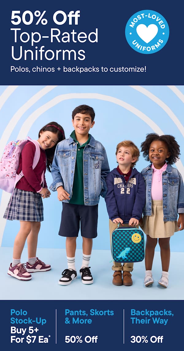 Two children stand in the foreground on the left, while a boy sits on a desk with a backpack in the foreground on the right, all against a light blue background with white wavy lines.