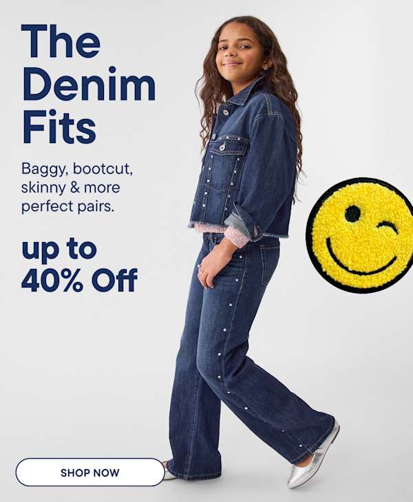 A young girl in a denim outfit stands in the foreground against a plain background with a winking smiley face icon and promotional text | up to 40% OFF