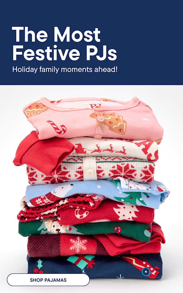 A stack of colorful, festive Christmas pajamas fills the foreground, while a dark blue background displays the text The Most Festive PJs and Holiday family moments ahead!