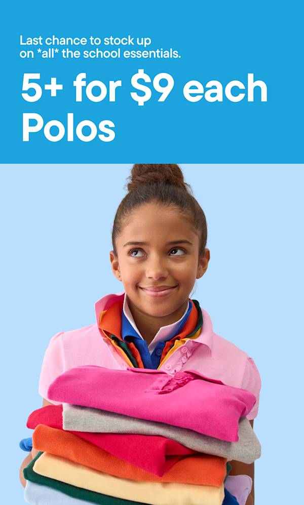A young girl smiles as she holds a stack of colorful polos, with a blue banner above advertising a sale on school essentials | 5+ for $9 each Polos