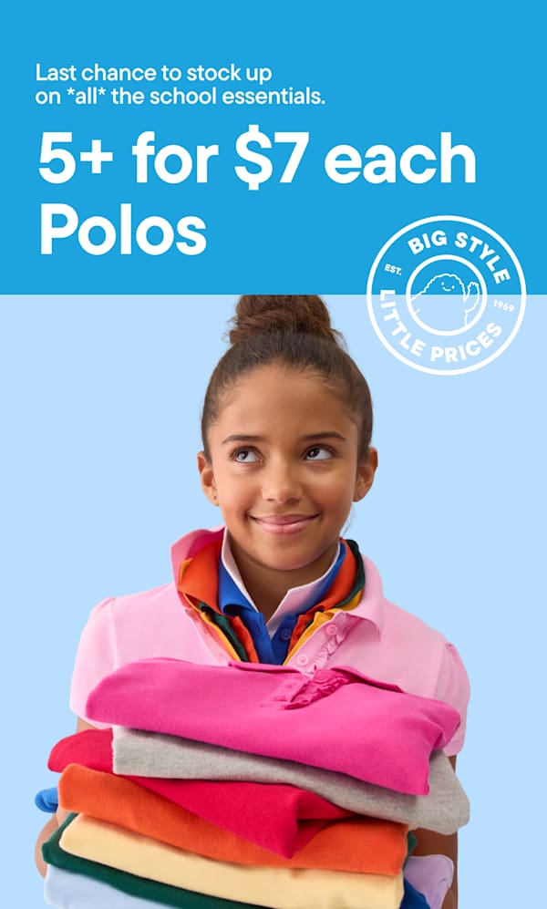 A young girl smiles as she holds a stack of colorful polos, with a blue banner above advertising a sale on school essentials | 5+ for $7 each Polos