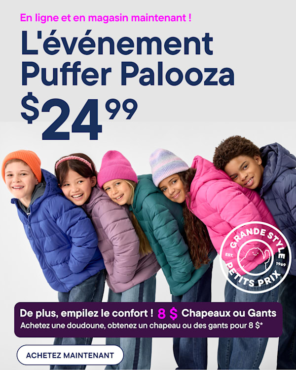 A group of children in colorful puffer jackets and hats are smiling in the foreground, with a light gray background and promotional text | ONLINE & IN-STORES | THE PUFFERPALOOZA EVENT $24.99 | BUY A PUFFER JACKET GET A HAT OR GLOVES FOR $8