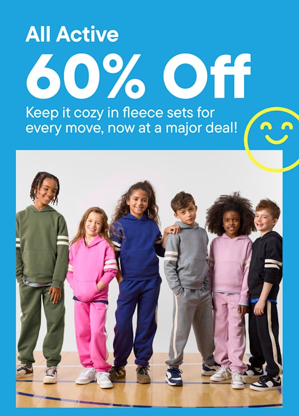 Five children wearing colorful fleece sets stand in a row against a plain white background, topped by a bright blue promotional banner.