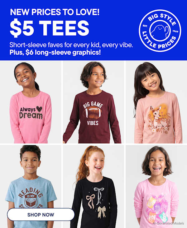 Six children wearing various colorful graphic t-shirts are arranged in a grid against a plain light gray background, topped by a blue promotional banner.