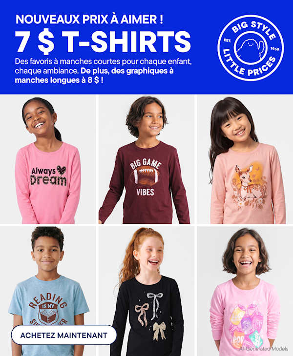 Six children wearing various graphic t-shirts are arranged in a grid against a plain light gray background, topped by a bold blue promotional banner.