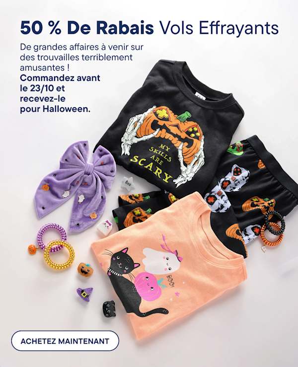 Halloween-themed children's clothing and accessories are arranged in the foreground against a plain white background | 50% Off Spooky Steals Big deals ahead on frightfully fun finds! Order by 10/23 & get it by Halloween.