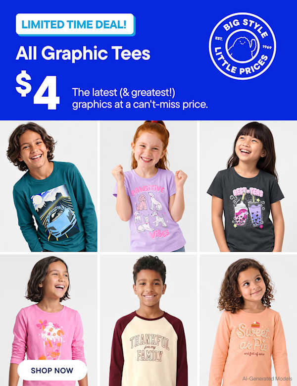 Eight children wearing various graphic t-shirts are displayed in a grid on the left, while a blue promotional advertisement for All Graphic Tees $4 tees The latest (& greatest!)  graphics at a can't-miss price.