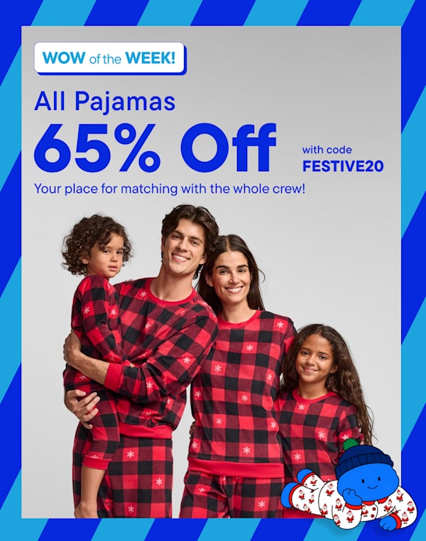 A family wearing matching red and black plaid pajamas stands against a plain light gray background, accompanied by promotional text and a small blue character in the foreground.