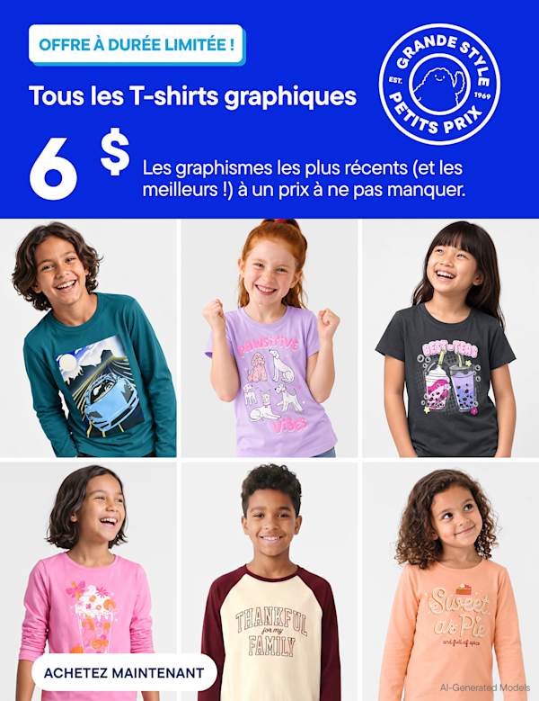 Huit enfants portant différents t-shirts à motifs sont affichés dans une grille à gauche, tandis qu'une publicité bleue pour les t-shirts graphiques à 6 $ annonce les derniers (et meilleurs !) motifs à un prix imbattable.