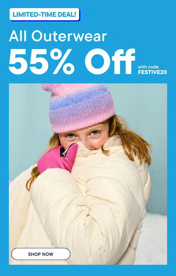 A person wearing a colorful beanie, pink gloves, and a white puffer jacket is featured against a light blue background with promotional text for an outerwear sale | LIMITED-TIME DEAL! All Outerwear 55% Off with code