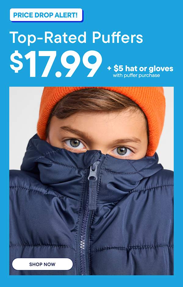 A child wearing an orange beanie and a navy blue puffer jacket is positioned in the foreground against a bright blue promotional background with white and yellow text |PRICE DROP ALERT! Top-Rated Puffers $17.99 3 a gors