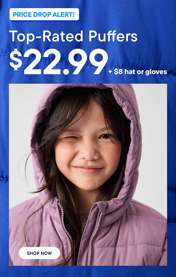 A young girl winking in a purple puffer jacket is featured in the foreground against a blue promotional background with pricing text | Top-Rated Puffers $22.99 + $8 hat or gloves