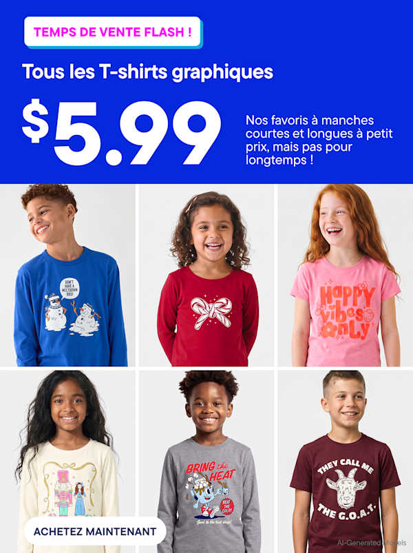 Eight children wearing various graphic t-shirts are arranged in a grid against a white background, positioned next to a blue promotional advertisement for a flash sale | ALL GRAPHIC TEES $5.99 Short & long sleeve faves for less, but not for long!