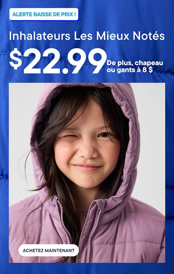 A young girl winking in a purple puffer jacket is featured in the foreground against a blue promotional background with pricing text | Top-Rated Puffers $22.99 + $8 hat or gloves