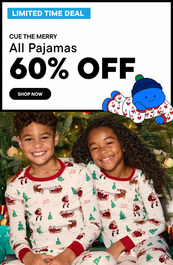 A promotional advertisement for pajamas featuring a "60% OFF" sale and a blue cartoon character on the left, with two smiling children wearing matching holiday pajamas in front of a Christmas tree on the right.