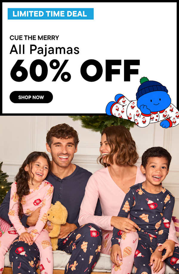 A promotional advertisement for pajamas featuring a "60% OFF" sale on the left and a smiling family in matching holiday pajamas in the background on the right.