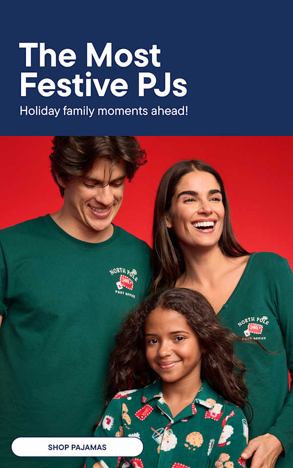 A smiling family in festive pajamas stands against a red background, with text at the top announcing The Most Festive PJs.
