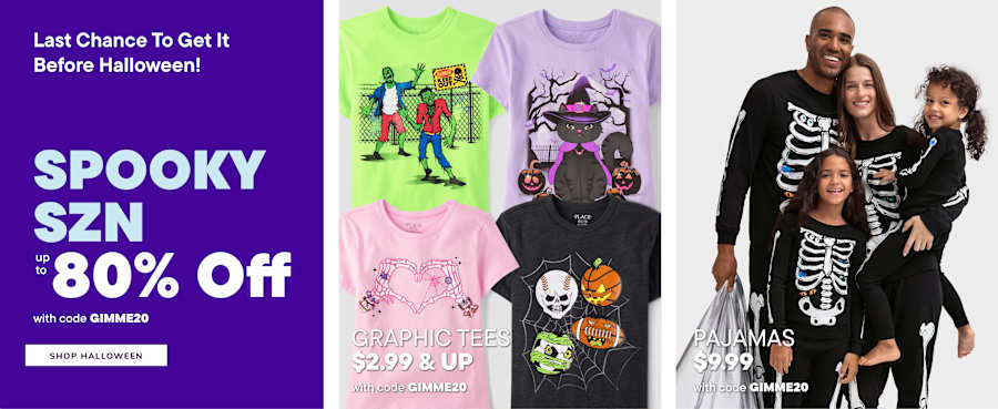 The image displays a variety of Halloween-themed graphic t-shirts and pajamas, with a promotional banner offering a 30% discount on the "Spooky Fun" collection.