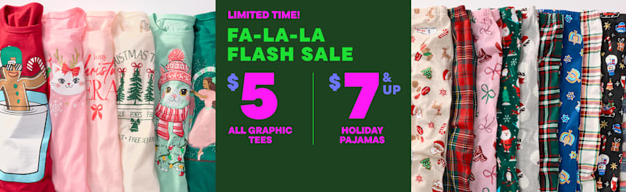 The image displays a "Fa-la-la Flash Sale" advertisement featuring graphic tees for $5 and holiday pajamas for $7 and up, with a vibrant green background and various colorful clothing items in the foreground.