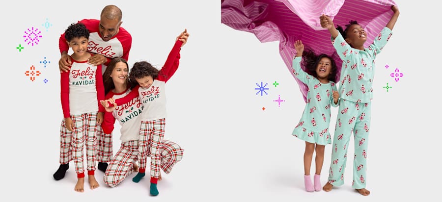 The image features two groups of people in vibrant, colorful outfits posing against a plain white background. The group on the left is wearing red and white checkered clothing, while the group on the right is wearing floral-patterned dresses in shades of pink and green.