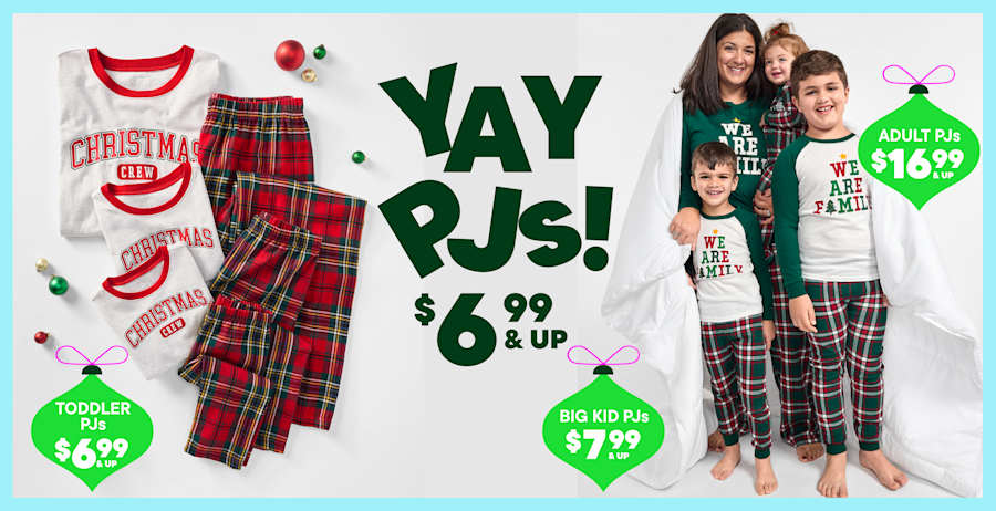 The image features a family wearing matching red and white Christmas-themed pajamas, with various holiday-related items and price tags displayed in the background.