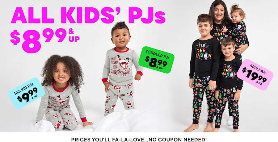 The image features various children's pajama sets displayed with price tags, showcasing a promotional offer for "All Kids' PJs" at $8.99 and up, with no coupon required.