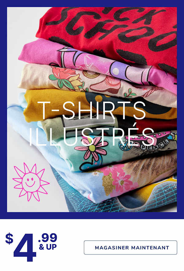 Une pile de tissus colorés à motifs et une superposition de texte de t-shirts graphiques, avec un prix de 3,99 $ et plus pour chaque jour d'école.