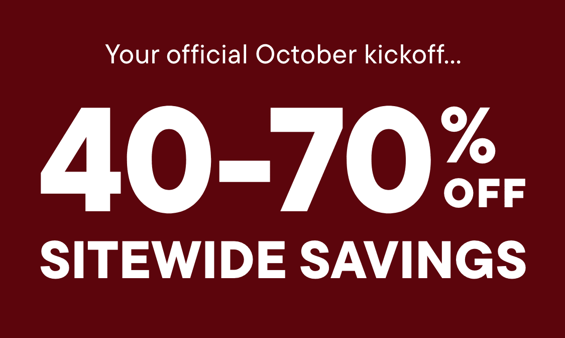 The image displays the text "Your official October kickoff... SITEWIDE" against a deep red background.